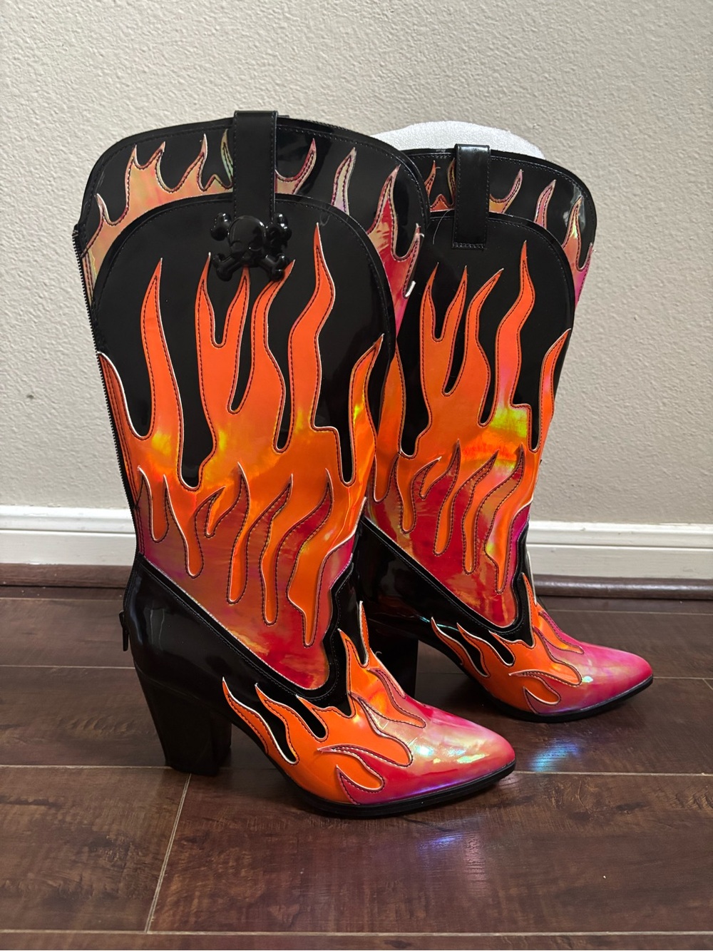 YRU Iridescent Orange & Pink Flame Patent Ankle Boots